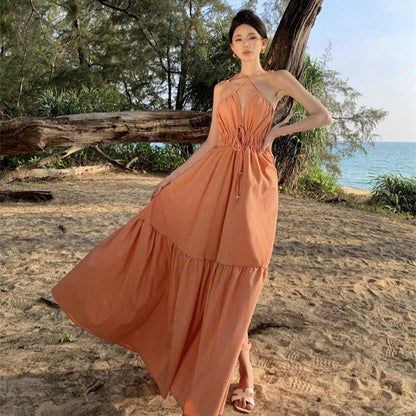 2025 Seaside vacation beach dress suspender dress women's summer gentle wind high sense temperament loose pendulum long skirt