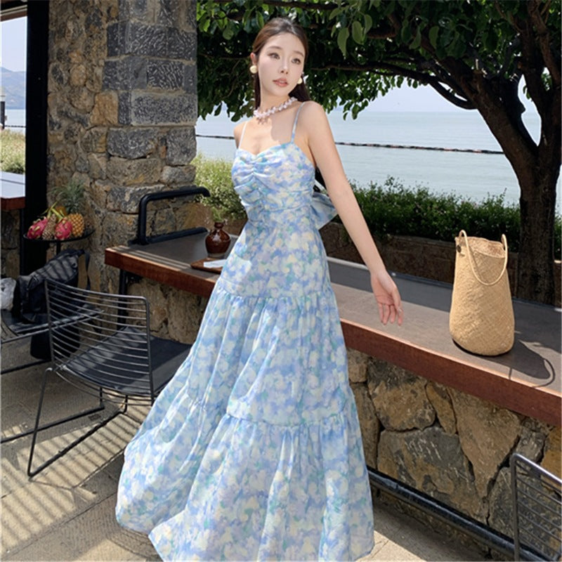 2025 Seaside travel photo floral suspender A-shaped dress spring and summer  vacation style thin waist long skirt