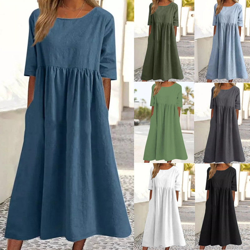 STOREXQ Summer  Independent Station New Cotton and Linen Casual Short Sleeve Pocket Pleated Loose round Neck Dress