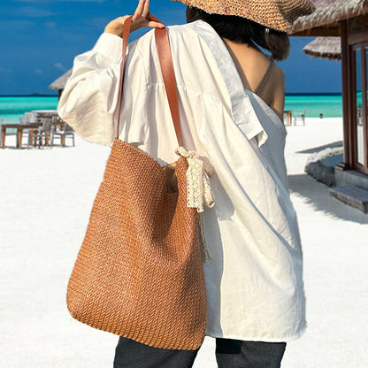 STOREXQ Summer Hot Series-Ins Style Lazy Feeling Straw Bag Shoulder Tote Bag Seaside Vacation Travel Beach Bag Women