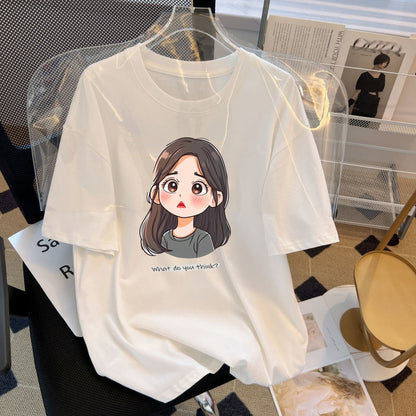 STOREXQ Summer Korean Style Short Sleeve T-shirt Women's Cotton Loose All-Matching Comfortable Slimming Couple T-shirt round Neck Top Cross-Border