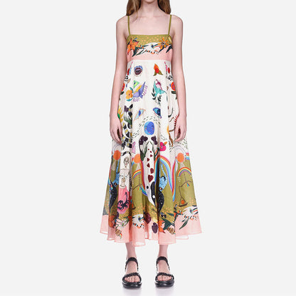 STOREXQ New  autumn 2025 women's clothing new temperament elegant printing fashion suspender skirt big swing dress