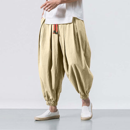 Chinese Style Japanese Style Linen Casual Pants Men's Cropped Loose Wide Leg Ankle-Tied Fat Fashion Brand plus-Sized plus Size Harem Pants