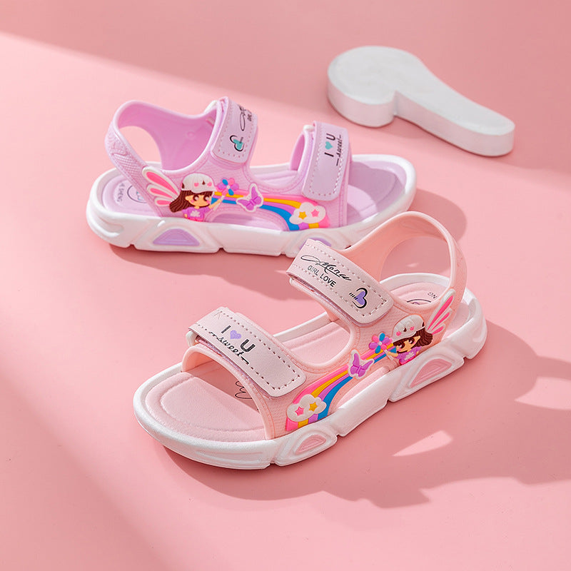 STOREXQ Wholesale Summer Rainbow Girls' Sandals Princess Style Beach Slippers Fashionable Breathable White Bottom Beach Sandals