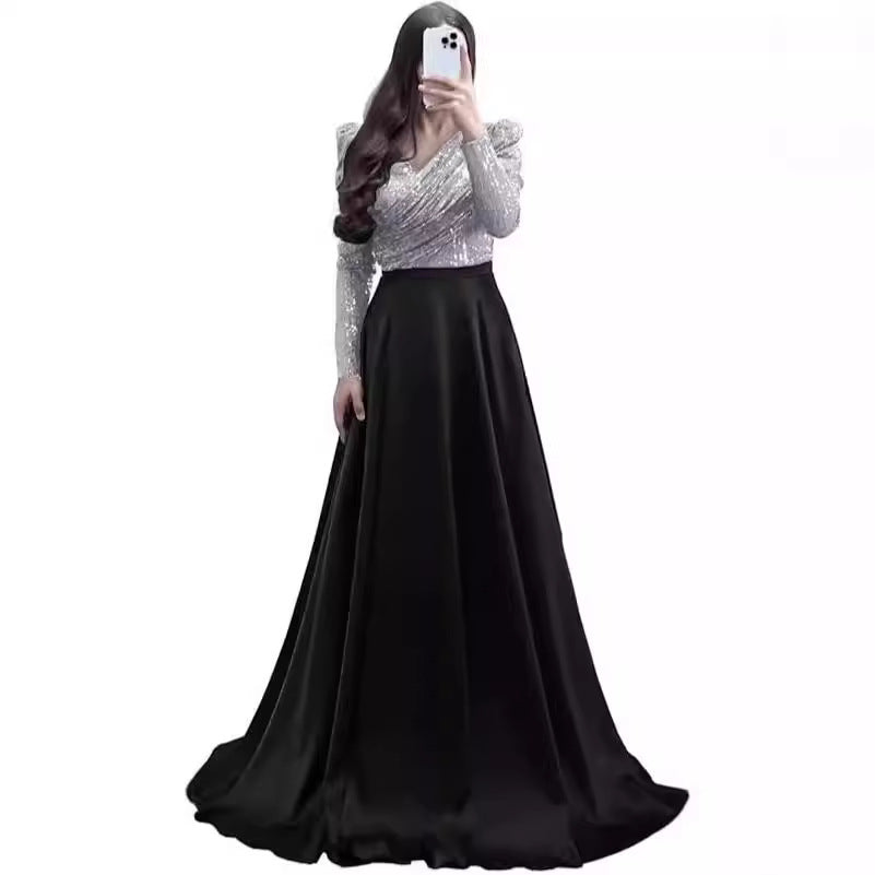 STOREXQ 2025 popular New high-waisted skirt set, base medium and long skirt, long-sleeved double-color temperament commuting deep V big pendulum dress