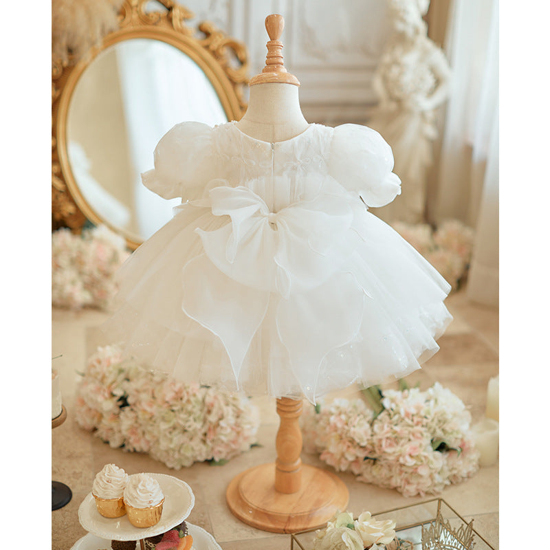 One Year Old Celebration Dress Baby Girl High-End Girl Zhuazhou White Princess Dress Little Girl Birthday Host Dress Summer