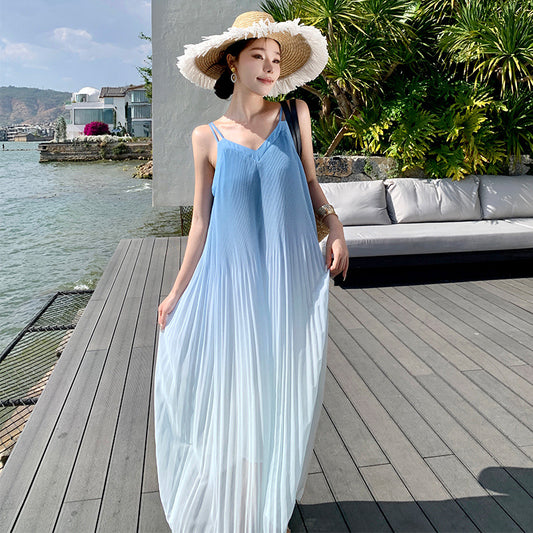 2025 gradual change color loose V-neck suspender dress summer new mint mambo sleeveless women's holiday long skirt