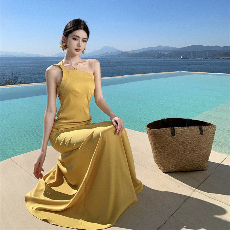 2025 retro backless yellow satin neck hanging atmosphere suspender dress long skirt desert seaside vacation photo skirt