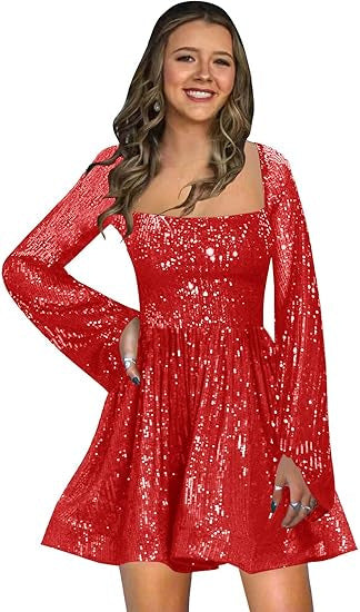 STOREXQ 2025 popular Autumn Shiny Sequins Alumni Dress Long Sleeve A-Shaped Square Neck Short Mini Cocktail Dress