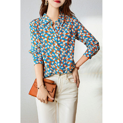 2025 silk shirt women's  spring and autumn new maple leaf printing heavy mulberry silk shirt spring and autumn women's top