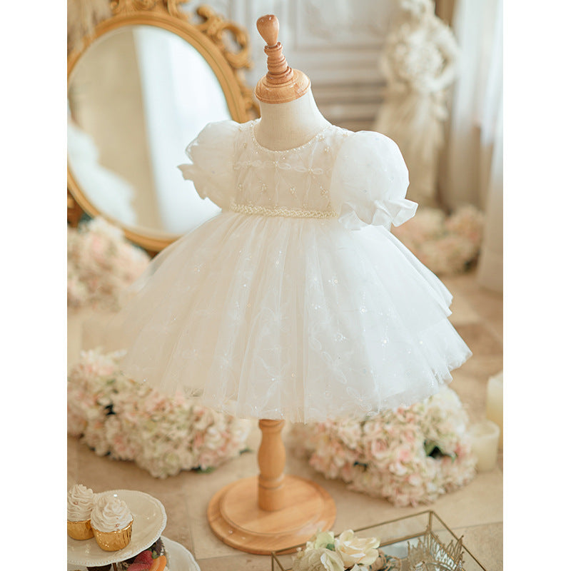 One Year Old Celebration Dress Baby Girl High-End Girl Zhuazhou White Princess Dress Little Girl Birthday Host Dress Summer