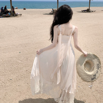 2025 vacation style lace splicing temperament neck tube top dress women's summer Sanya seaside photo long skirt