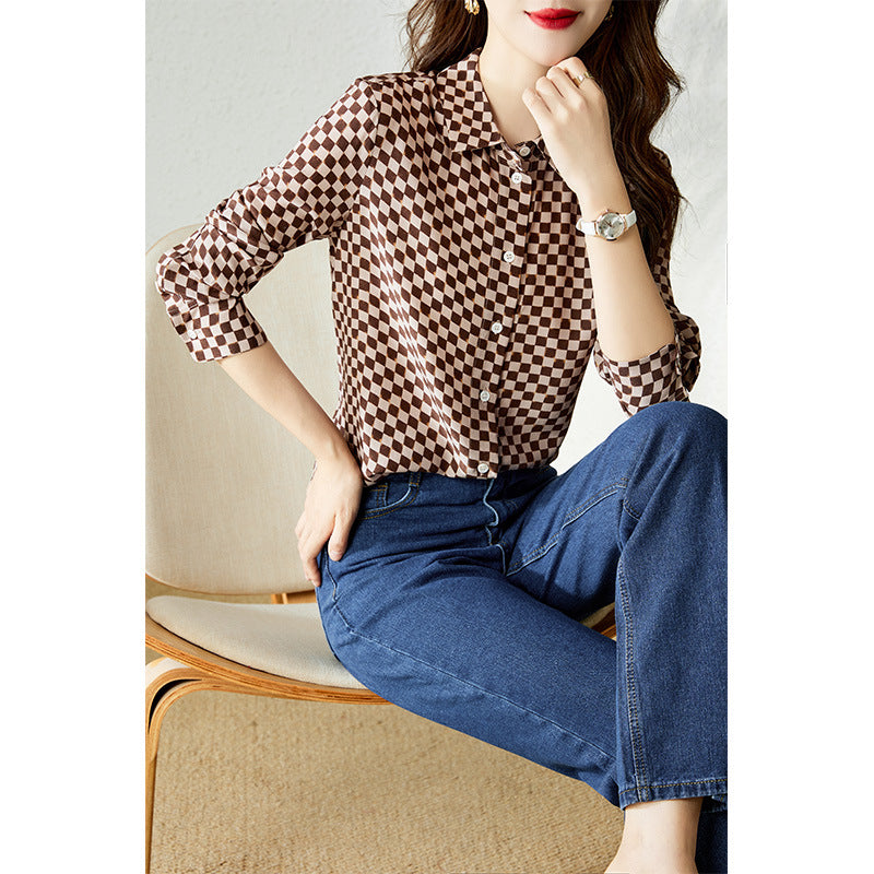 2025 Mulberry silk heavy silk shirt  spring and autumn Hangzhou women's  spring and autumn plaid shirt jacket