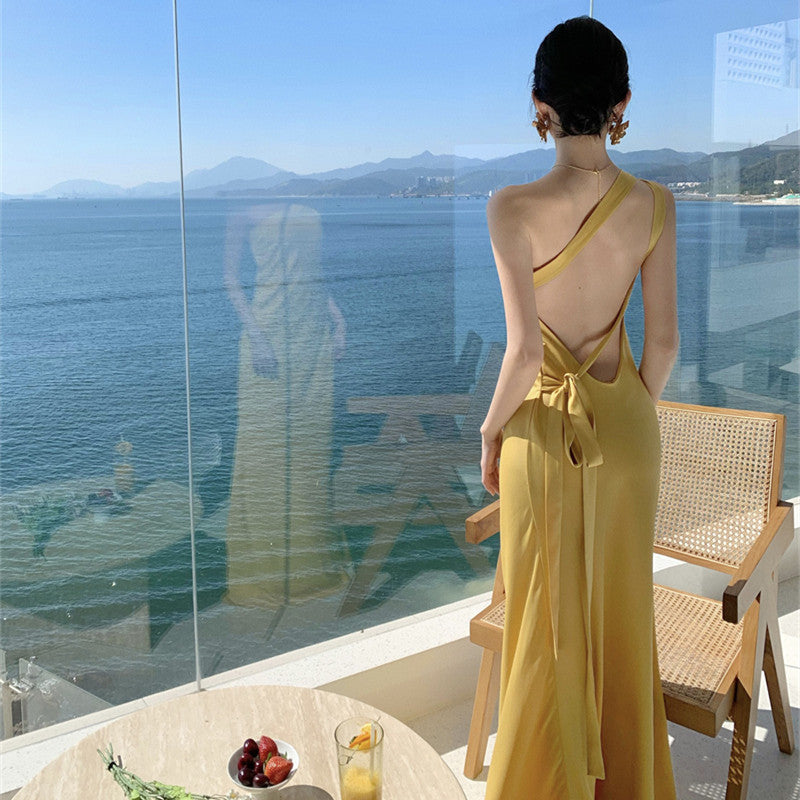 2025 retro backless yellow satin neck hanging atmosphere suspender dress long skirt desert seaside vacation photo skirt