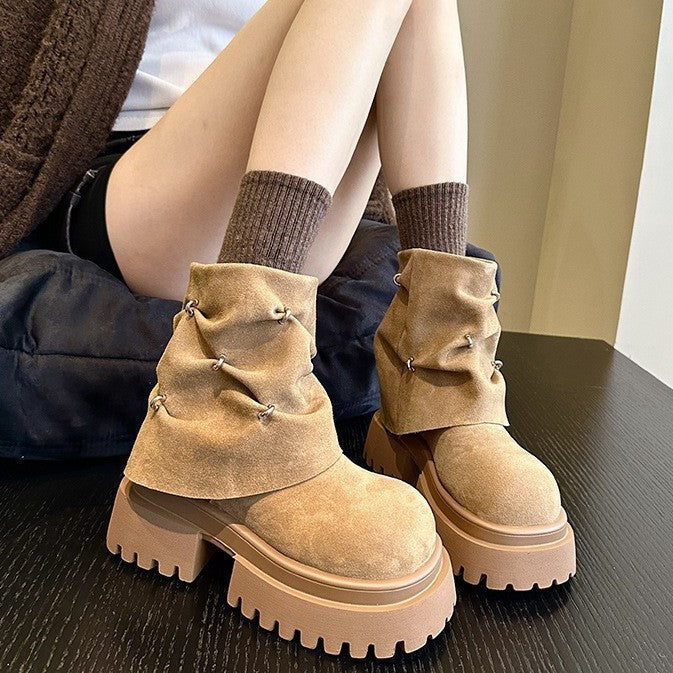 2025 Thick sole heightening thick heel big head matte pile short boots women's British style popular autumn new fashion boots