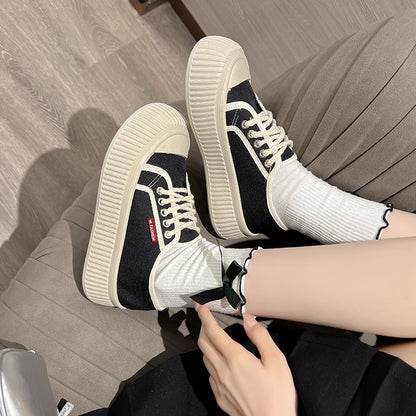 storexq Summer New Trendy Women's Shoes Korean Style Canvas Shoes Thick Bottom Bread Shoes Fashion Ins White Shoes Platform Shoes Soft Bottom