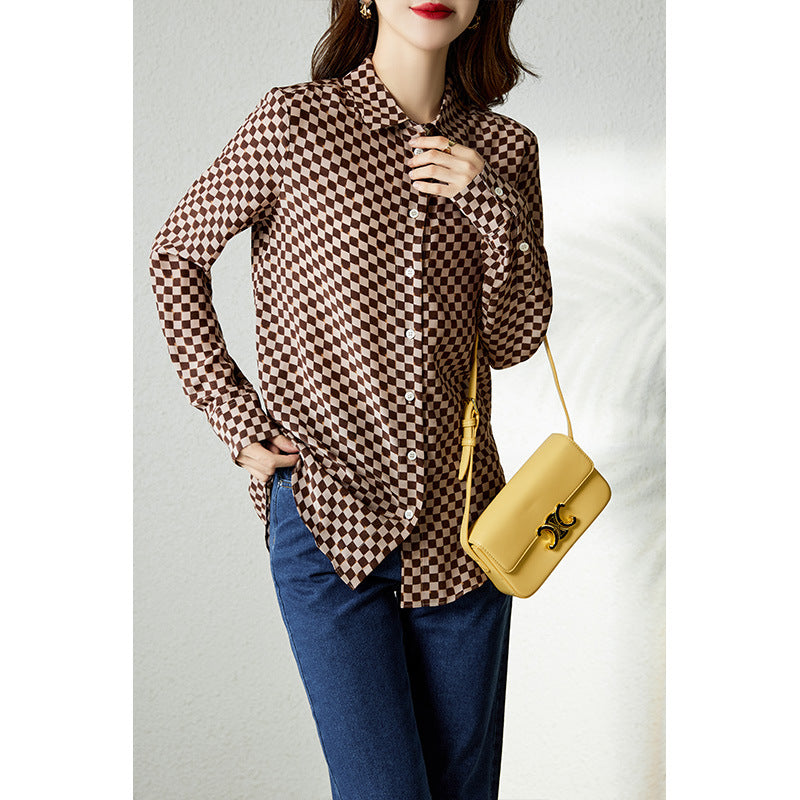 2025 Mulberry silk heavy silk shirt  spring and autumn Hangzhou women's  spring and autumn plaid shirt jacket