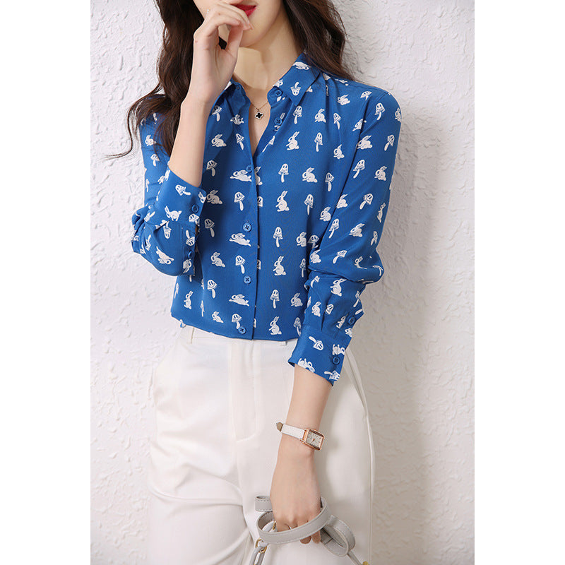 2025 Heavy silk shirt early autumn women's clothing  spring and autumn new blue printed mulberry silk shirt short top