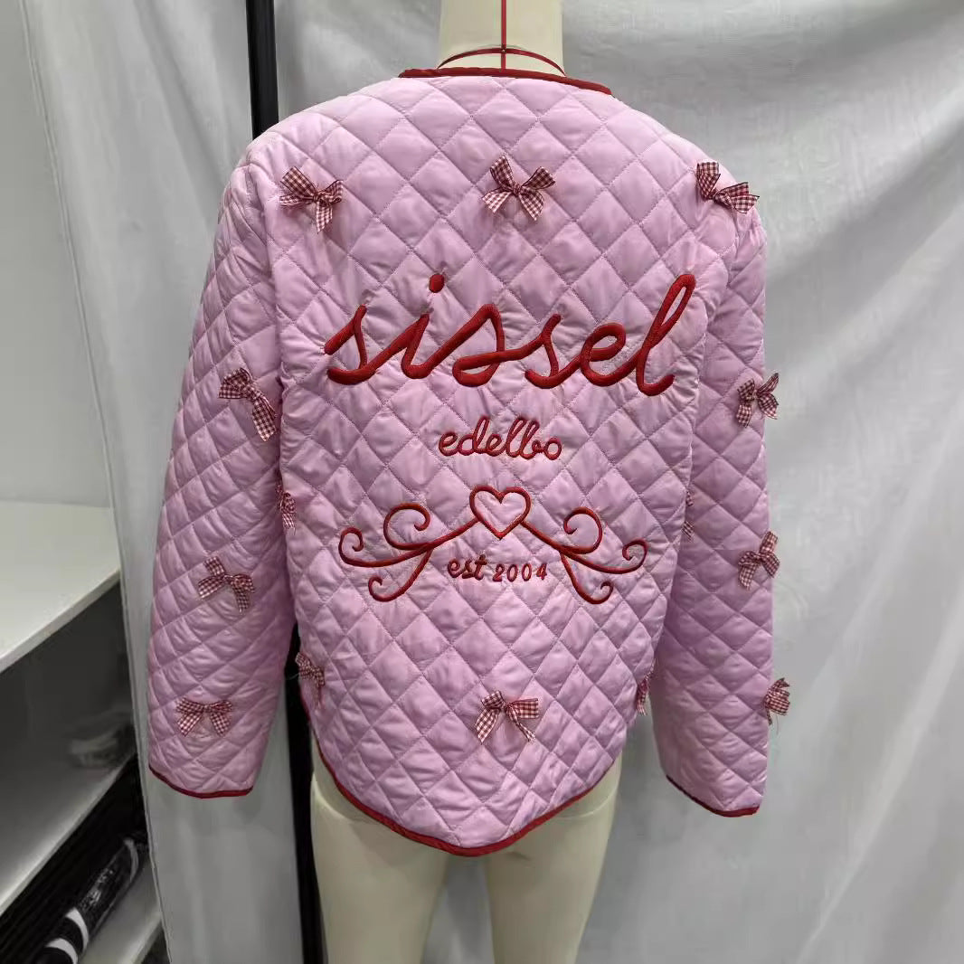 Cross-border women's clothing 2024 autumn and winter new European and American fashion casual large size bow embroidered quilted cotton coat women