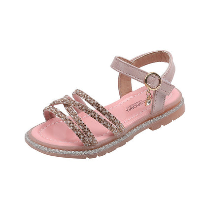 STOREXQ Girls' Sandals  Korean Style New Fashion Little Girl Sandals Rhinestone Princess Shoes Soft Bottom Children's Beach Shoes