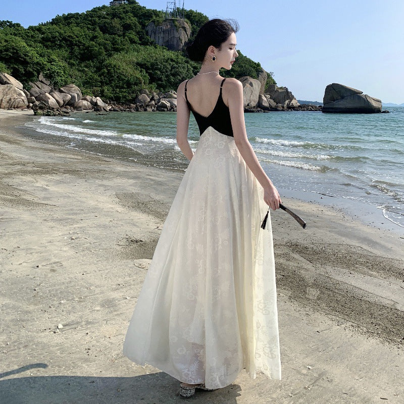 2025 Seaside travel wear new Chinese suspender dress women's island vacation beach dress temperament long dress slim skirt