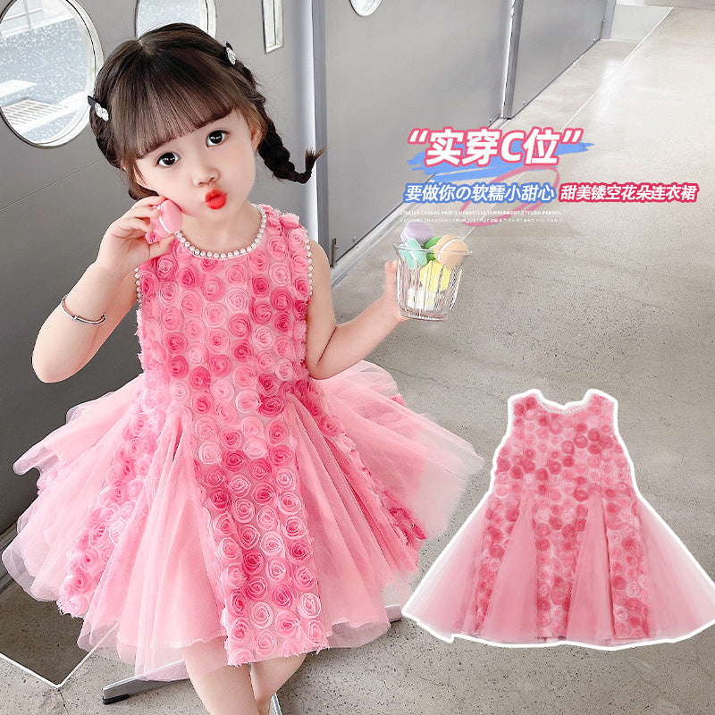 Girl's Rose Petals Princess Dress Summer Dress  New Children's Vest Dress Little Girl Trendy Mesh Dress