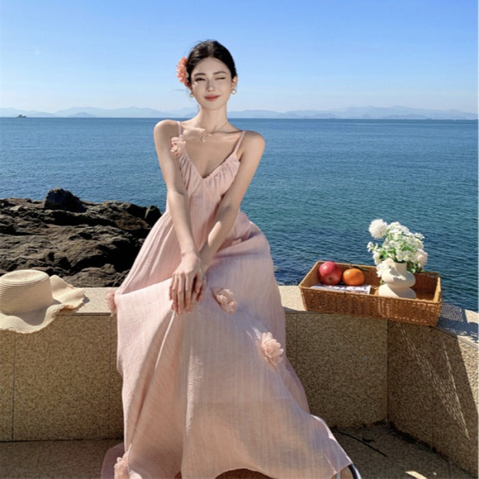 2025 pink v-neck flower suspender dress women's summer beautiful seaside vacation beach dress slim skirt