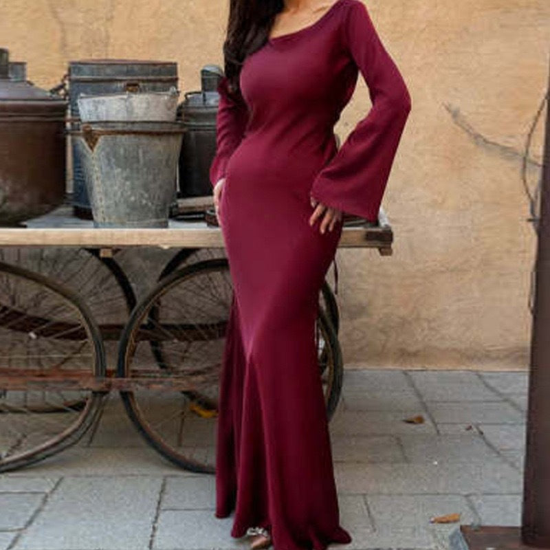 STOREXQ Cross-Border European and American Women's Clothing round Neck Long Sleeve Lace-up Solid Color Dress Elegant Idle Style Waist-Tight Dress