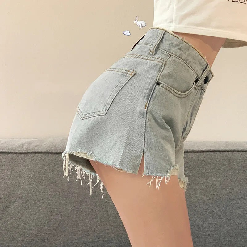 storexq Sweet Hot Hot Denim Shorts Women's Summer Loose Casual Rough-Edge Wide-Leg Shorts High Waist Slimming Slit A- line Hot Pants