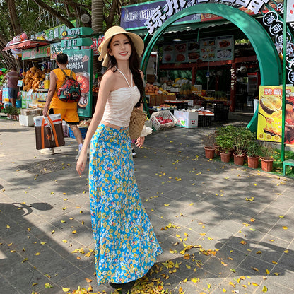 2025 Dopamine Island vacation style suit  drawstring tube top top women's floral skirt two-piece skirt