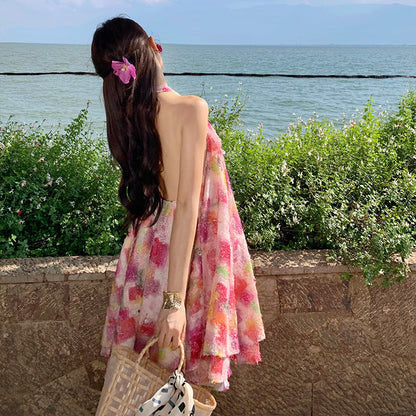 2025 sweet smudge print neck halter dress women's summer small seaside vacation a word big swing skirt