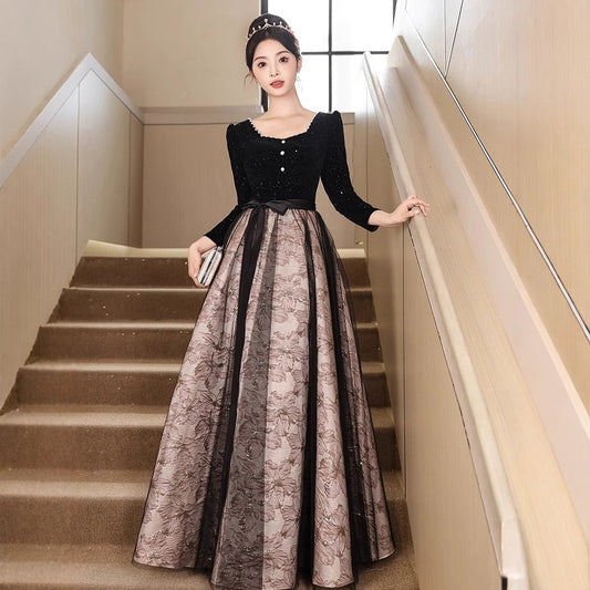 Black evening dress women's new art test light luxury niche high-end banquet host  high-end adult dress