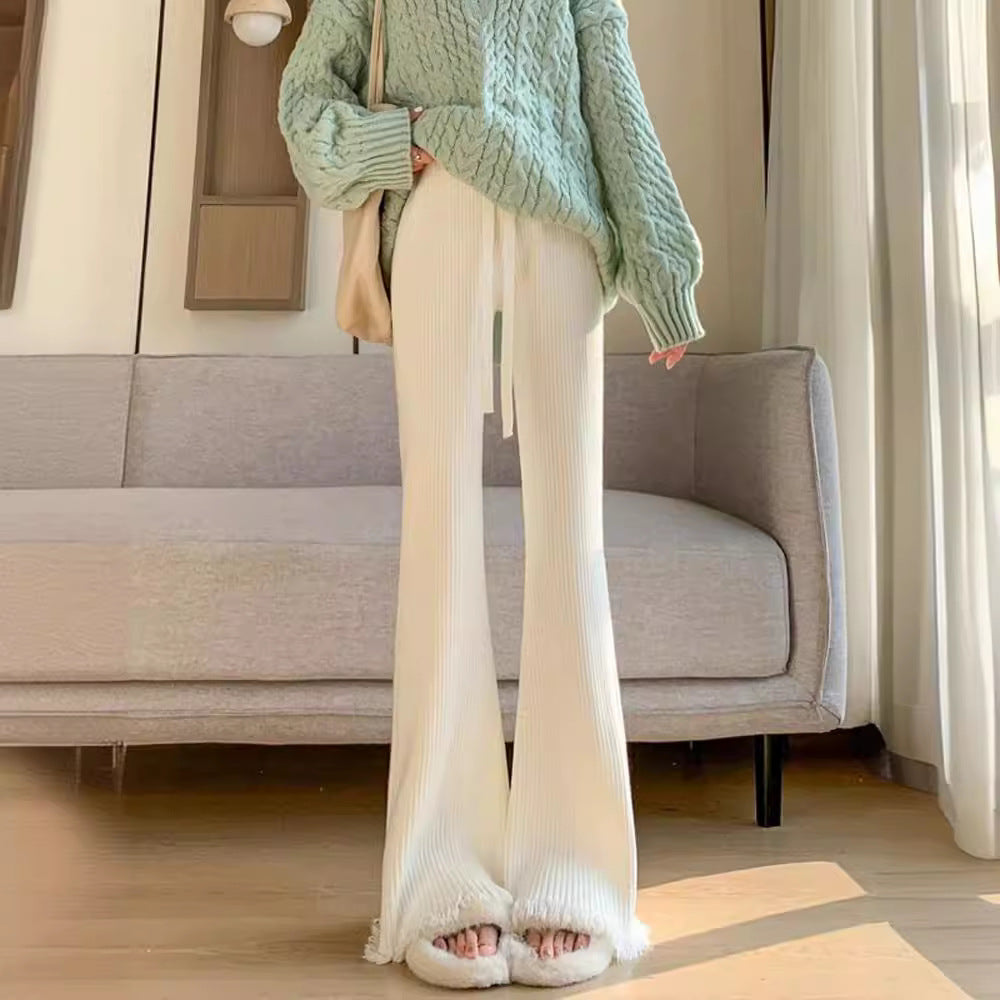 storexq Thickened Knitting Wide-Leg Pants Women's Autumn and Winter  New Draping Tassel Draggle-Tail Straight Trousers High Waist Casual Pants