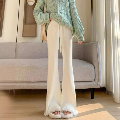 storexq Thickened Knitting Wide-Leg Pants Women's Autumn and Winter  New Draping Tassel Draggle-Tail Straight Trousers High Waist Casual Pants