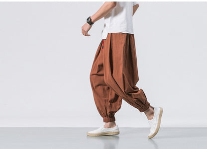 Chinese Style Japanese Style Linen Casual Pants Men's Cropped Loose Wide Leg Ankle-Tied Fat Fashion Brand plus-Sized plus Size Harem Pants