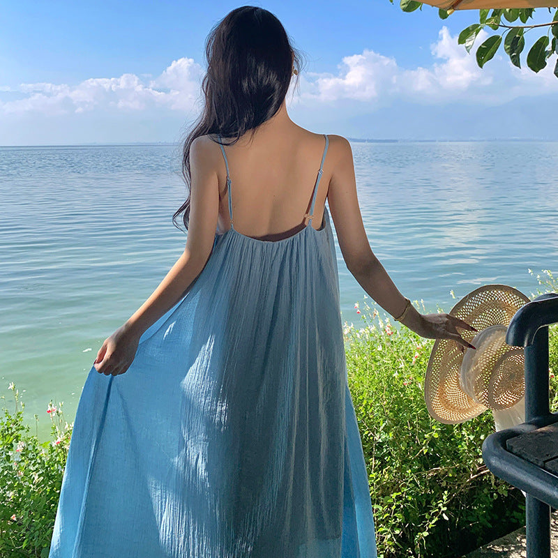 2025 Thailand travel photo suspender long dress seaside vacation loose backless blue dress women's summer beach dress