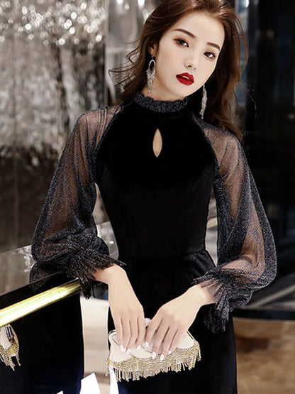 Evening Dress Women's Banquet Elegant Graceful Fishtail Gold Velvet Mesh Long Sleeve Host Annual Meeting Mid-Length Dress