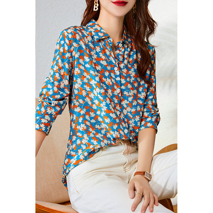 2025 silk shirt women's  spring and autumn new maple leaf printing heavy mulberry silk shirt spring and autumn women's top