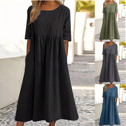 STOREXQ Cross-Border Foreign Trade  Spring/Summer New round Neck 5-Point Sleeve plus Size Casual Loose Long Solid Color Cotton Linen Dress