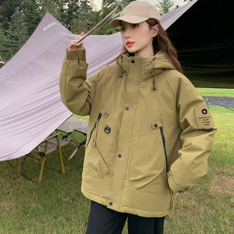 2023 autumn and winter new jacket women's windproof outdoor down cotton jacket women's casual hooded armband cotton-padded clothes women