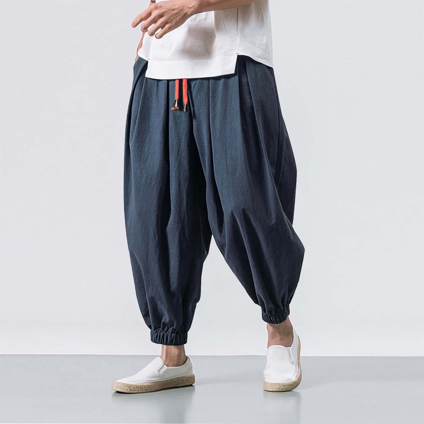 Chinese Style Japanese Style Linen Casual Pants Men's Cropped Loose Wide Leg Ankle-Tied Fat Fashion Brand plus-Sized plus Size Harem Pants