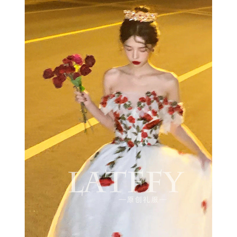 2025 Rose engagement evening dress dress women's high-end light luxury niche art test solo birthday princess dress bride going out wedding dress