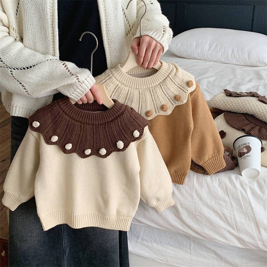 Girls' autumn and winter new ball lace large lapel sweater medium and small children's foreign style pullover plush thickened sweater top