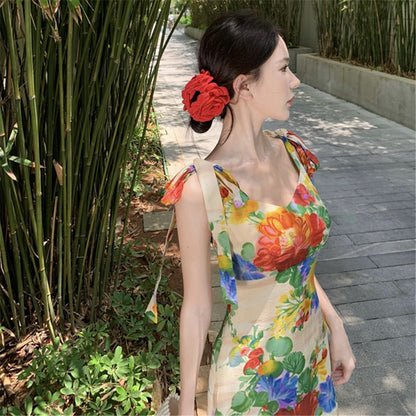 2025 vacation style retro printing suspender dress women's summer artistic sense big flower backless seaside photo dress