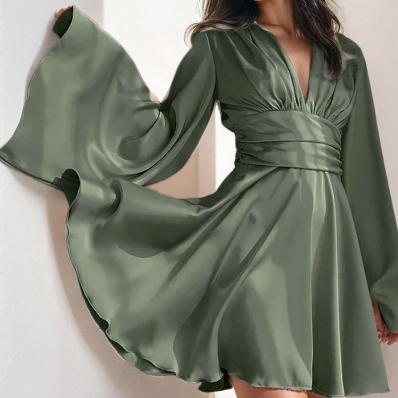 STOREXQ 2025 New  2025 autumn women's clothing solid color elegant V-neck ruffle edge waist irregular dress