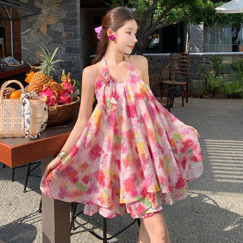 2025 sweet smudge print neck halter dress women's summer small seaside vacation a word big swing skirt