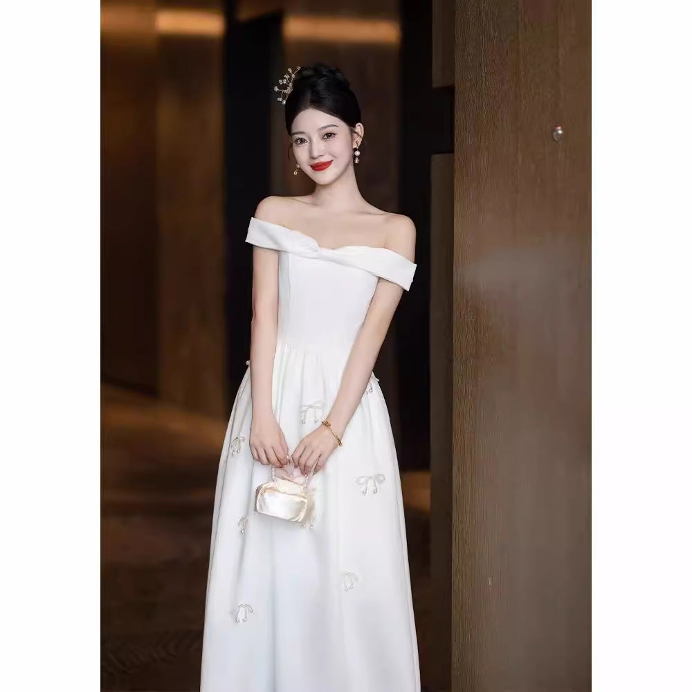 2025 One-word shoulder white dress dress, usually can wear morning robe, tube top, advanced registration certificate host engagement dress