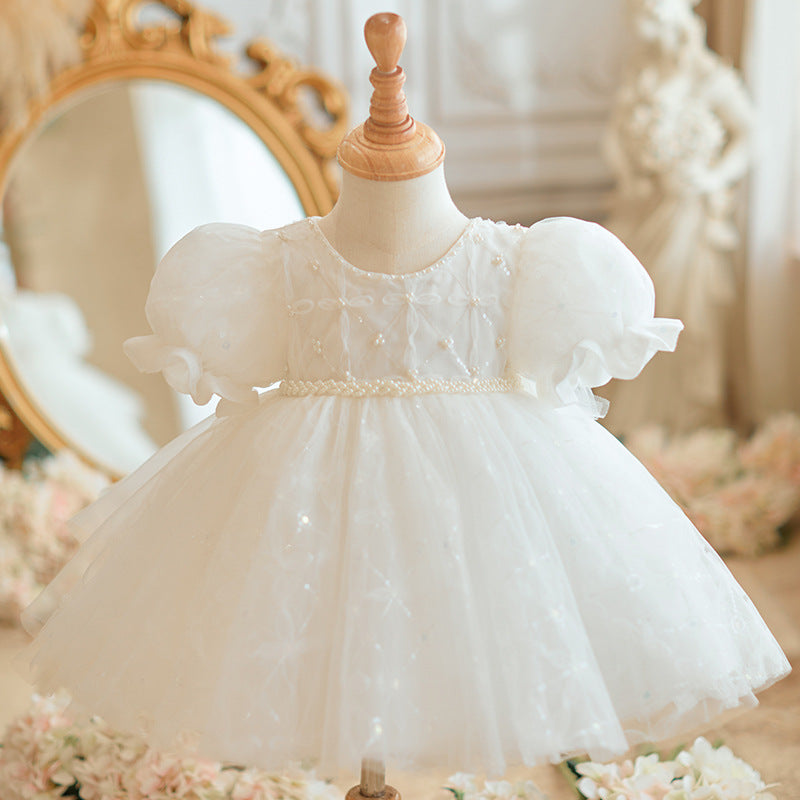 One Year Old Celebration Dress Baby Girl High-End Girl Zhuazhou White Princess Dress Little Girl Birthday Host Dress Summer