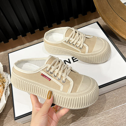 storexq Summer New Trendy Women's Shoes Korean Style Canvas Shoes Thick Bottom Bread Shoes Fashion Ins White Shoes Platform Shoes Soft Bottom