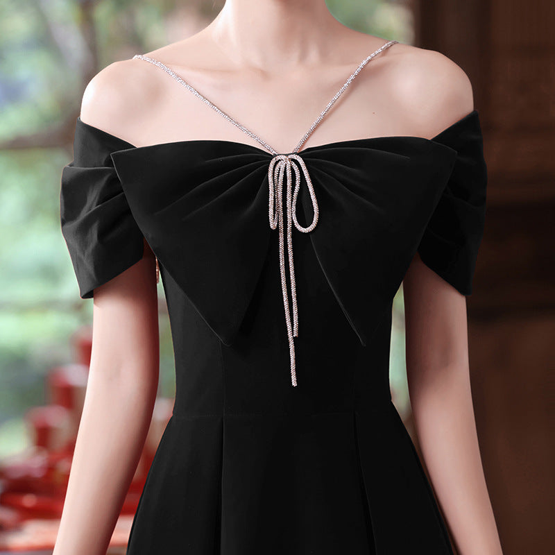 2025 One-word shoulder toast dress  new small celebrity temperament high-end engagement dress banquet high-end women